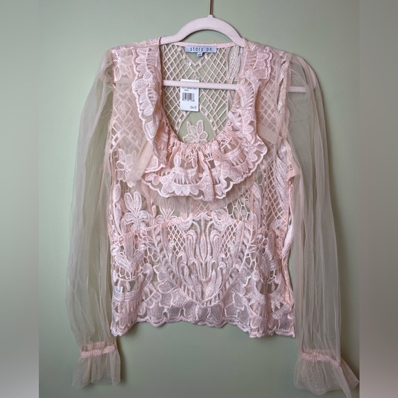 3 for $15 🦋 NWT Sheer Pink Lace Blouse Romantic Long Sleeve Floral Size Medium - Picture 3 of 10